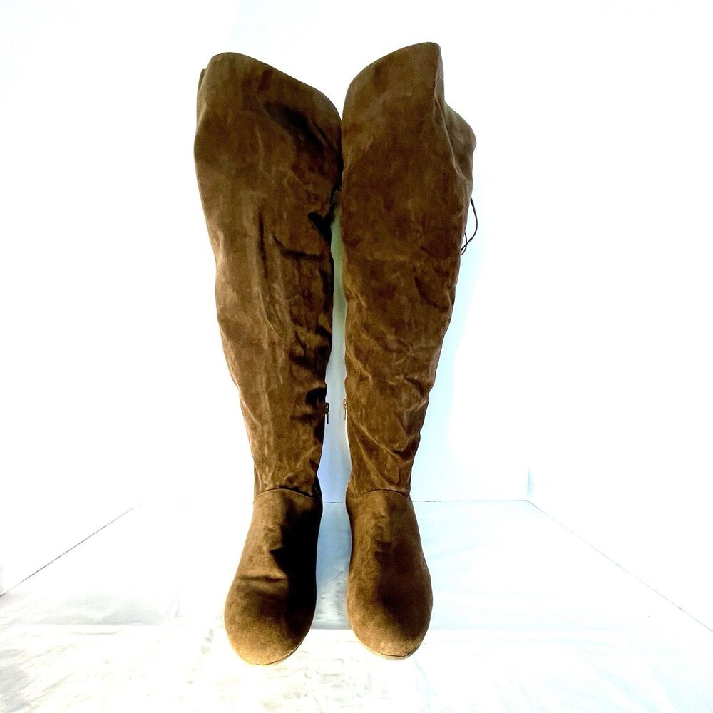 Boots thigh high sz 10 Over the knee brown suede wedge heels cosplay boho shoes